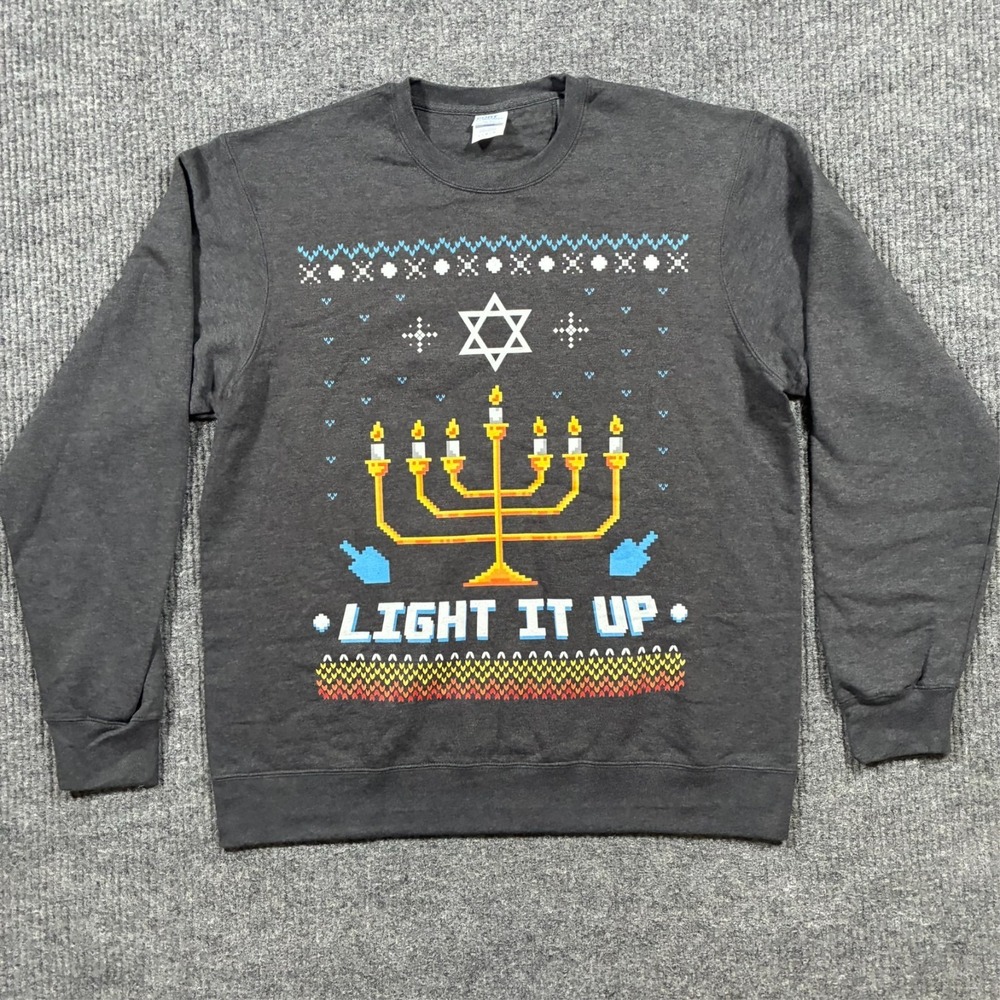 Port & Company Mens Hanukkah Sweatshirt L Gray Menorah Graphic Holiday Pullover